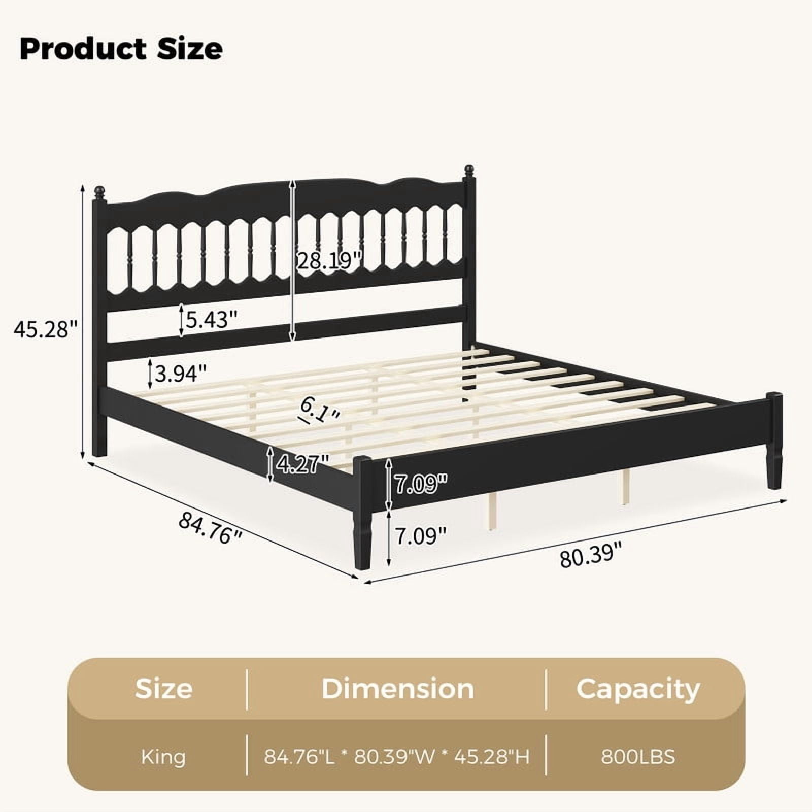 King Size Retro Countryside Style Wooden Bed Frame with Spindle Headboard, Low Profile Platform Bed with No Box Spring Required