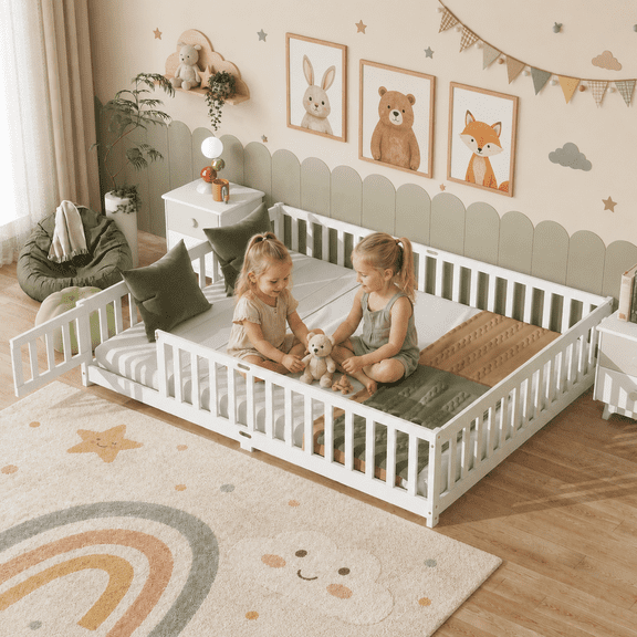 UHOMEPRO Queen Floor Bed with Fence and Door, Montessori Floor Bed for Kids, Toddler Bed Frame with Safety Guardrails and Slats, Wood Floor Bed Frame Queen Size, No Box Spring Needed, White