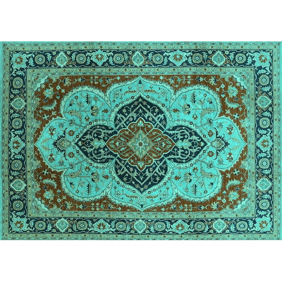 Ahgly Company Indoor Rectangle Oriental Turquoise Blue Industrial Area Rugs, 7' x 9'