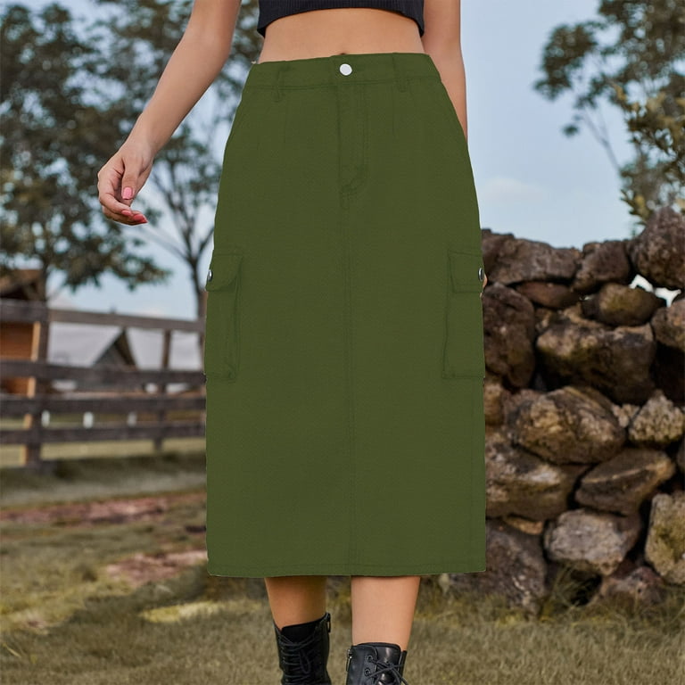 JWZUY Women's Cargo Skirt Button Mini Cargo Denim Skirt with Pocket Army  Green L