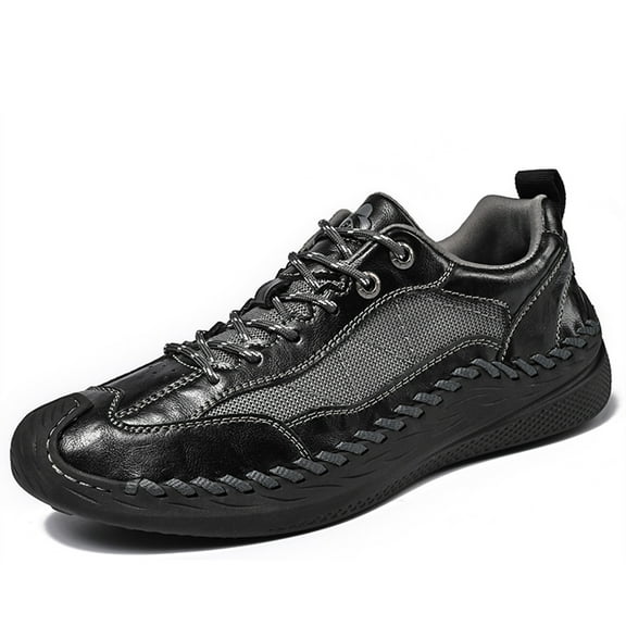 Mens Casual Leather Shoes Outdoor Hiking Work Shoes Breathable Lightweight Sneakers Comfortable Lace-up Driving Shoes Black 7.5 US