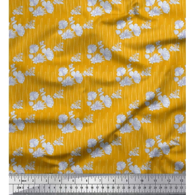 Soimoi Gold Poly Georgette Fabric Artistic Flower & Dots Printed Craft Fabric by the Yard 52 Inch Wide