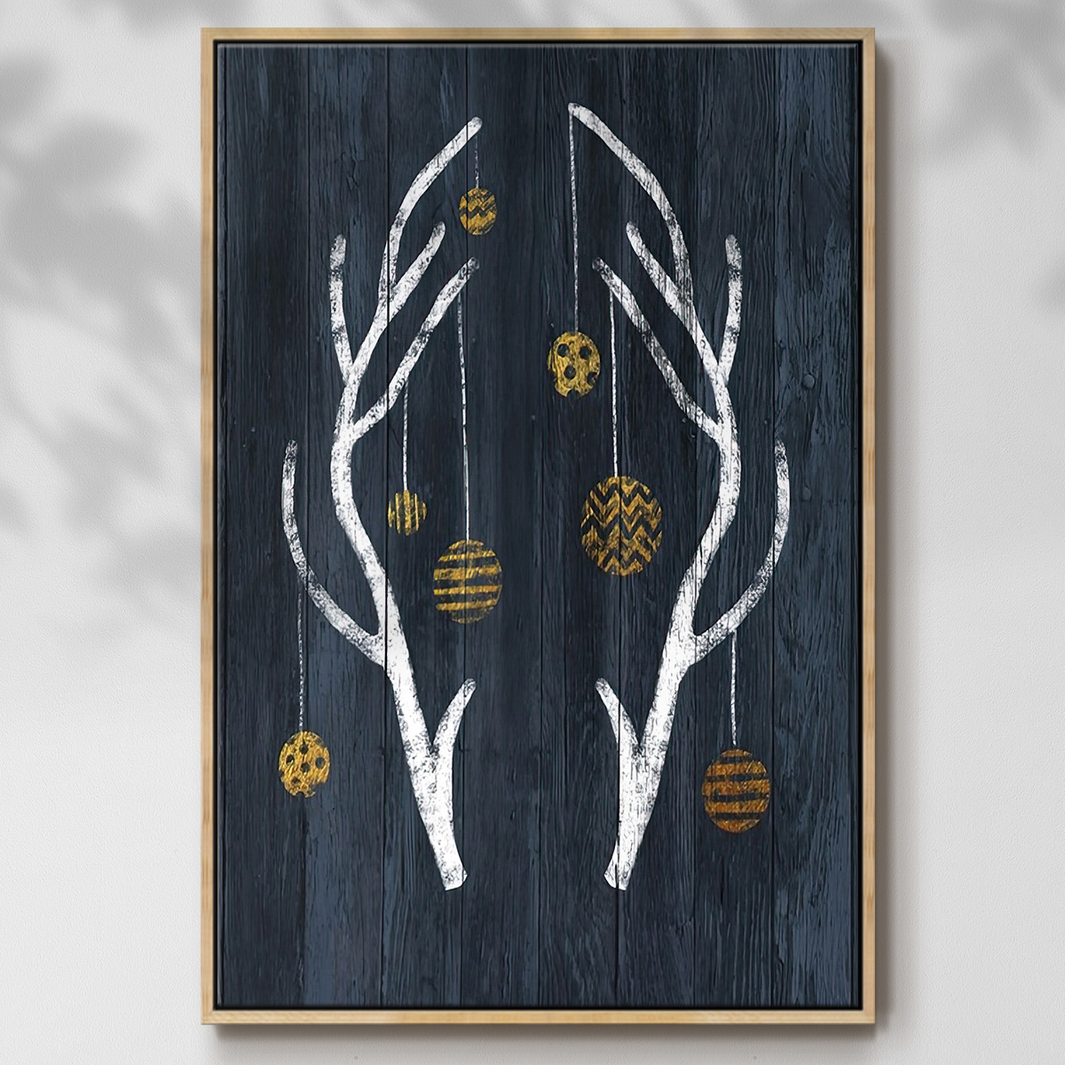 Antlers & Ornaments - Framed Gallery Wrapped Holiday Canvas - 17 x 25 - Natural Wood Frame