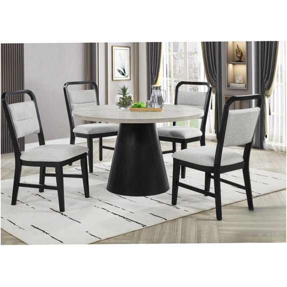 Modern 5-Piece Round Dining Set with Upholstered Chairs, Gray/Black Solid Wood Table