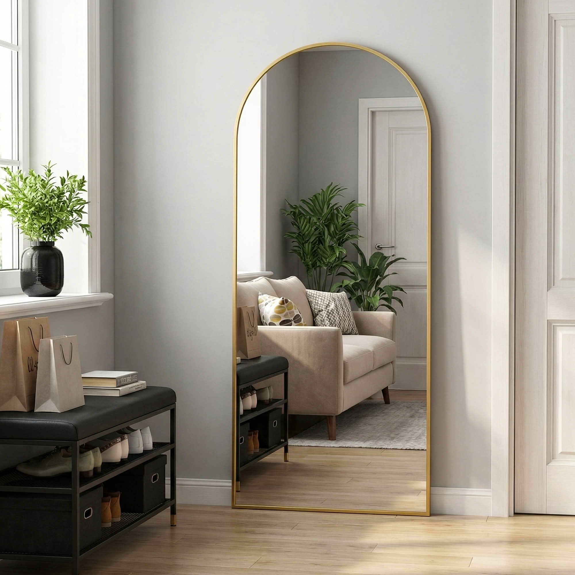 MAYEERTY 77x34x1 Inch Gold Thin Edge Aluminum Right Angle Arched Full Length Mirror with Stand for Bedroom