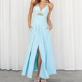 thumbnail image 2 of Wycnly Summer Dresses for Women Beach Party Sexy Hollowed Waist Swing Spaghetti Strap Maxi Dresses with Pocket 2025 Sleeveless V-Neck Solid Long Formal Dress Light Blue m, 2 of 6