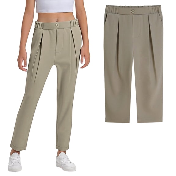 Girl Uniform Pants Dress Pants Adjustable Waist Stretch Pants with Pockets Girl Khaki Uniform Pants Back To School Girls Trousers Size 4-5 Years