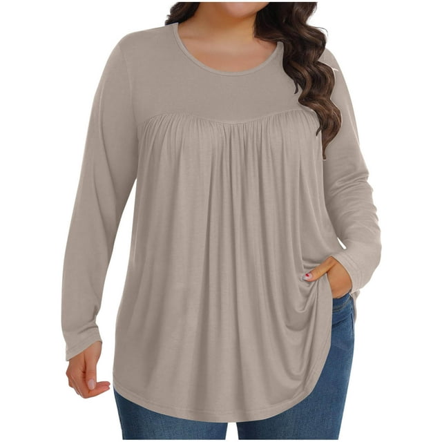 fatyb Hauts Grande Taille pour Femmes Manches Longues Tunique Plissée Décontractée Chemisiers Amples Habillés