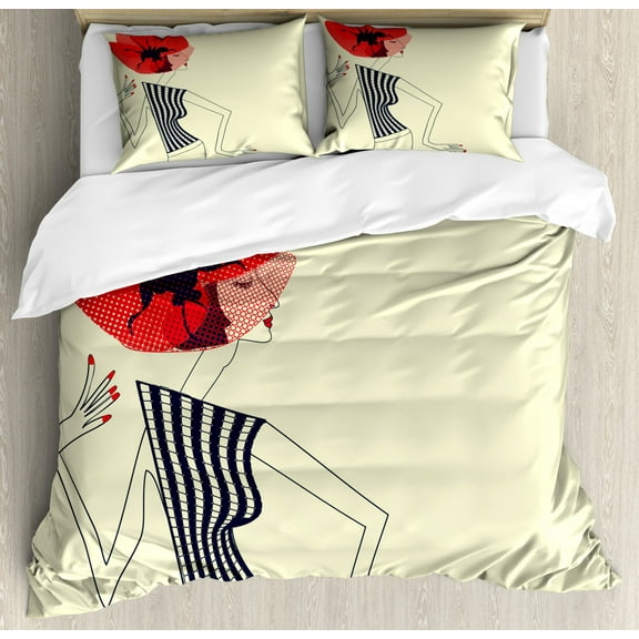 Vintage Woman King Size Duvet Cover Set, Retro Girl with Poppy Flower Style Hat and Nailpolish Doodle, Decorative 3 Piece Bedding Set with 2 Pillow Shams, Ivory Vermilion Dark Blue, by Ambesonne
