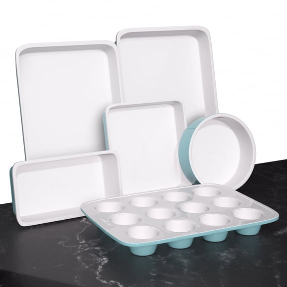 NutriChef NCBK6CT5 - Kitchen Oven Baking Pans - Deluxe Non-Stick Bake Tray Sheet Bakeware Set, Ceramic Style (6-Pieces)