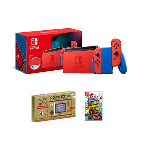 Nintendo Switch Mario Red & Blue Edition + Nintendo Game & Watch Super Mario  Bros. + Super Mario 3D World + Bowser's Fury 