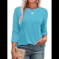 thumbnail image 3 of Blusas de Mujer con Mangas 3/4, Cuello Redondo, Túnicas Casuales, Camisas Plisadas Básicas, Corte Holgado, 2025 Azul y Verde M, 3 of 5