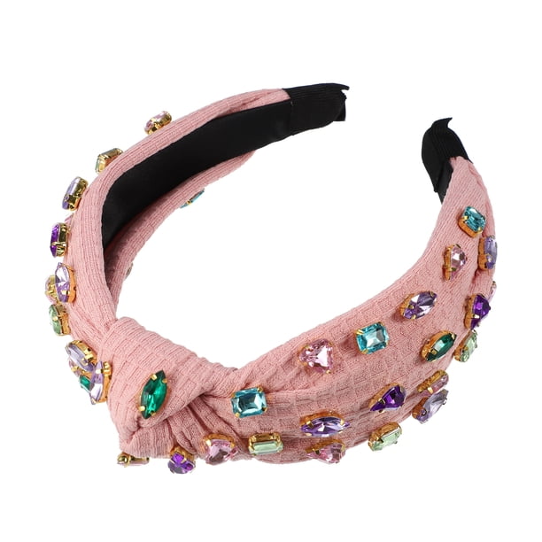 Diadema anudada retro con diamantes de imitación, diadema ancha antideslizante para niñas y mujeres, rosa 5.12 "x1.26"
