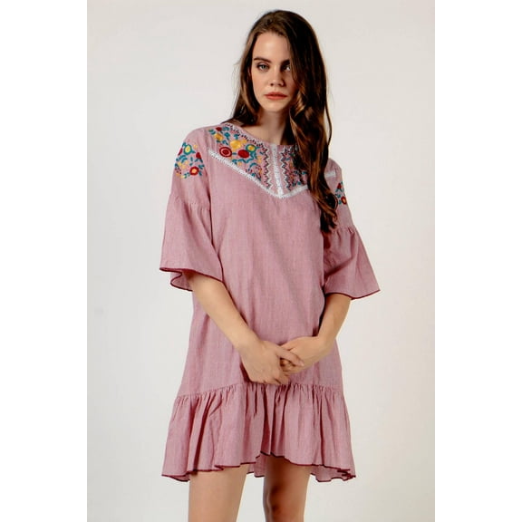 Zara Striped Embroidered Yoke Cotton Summer Dress Red White New Size Small New