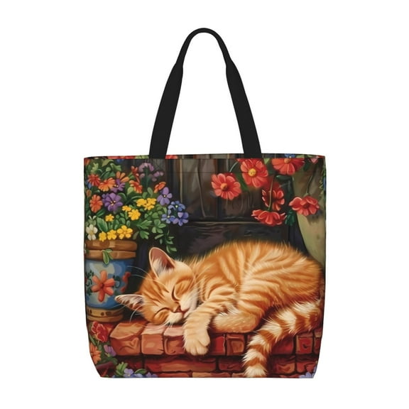 Hirioo Sleeping Cat Flowers for Tote Bag for Women, Quilted Shoulder Bag with Zipper, Large Capacity Handbags for Casual, Travel, Work