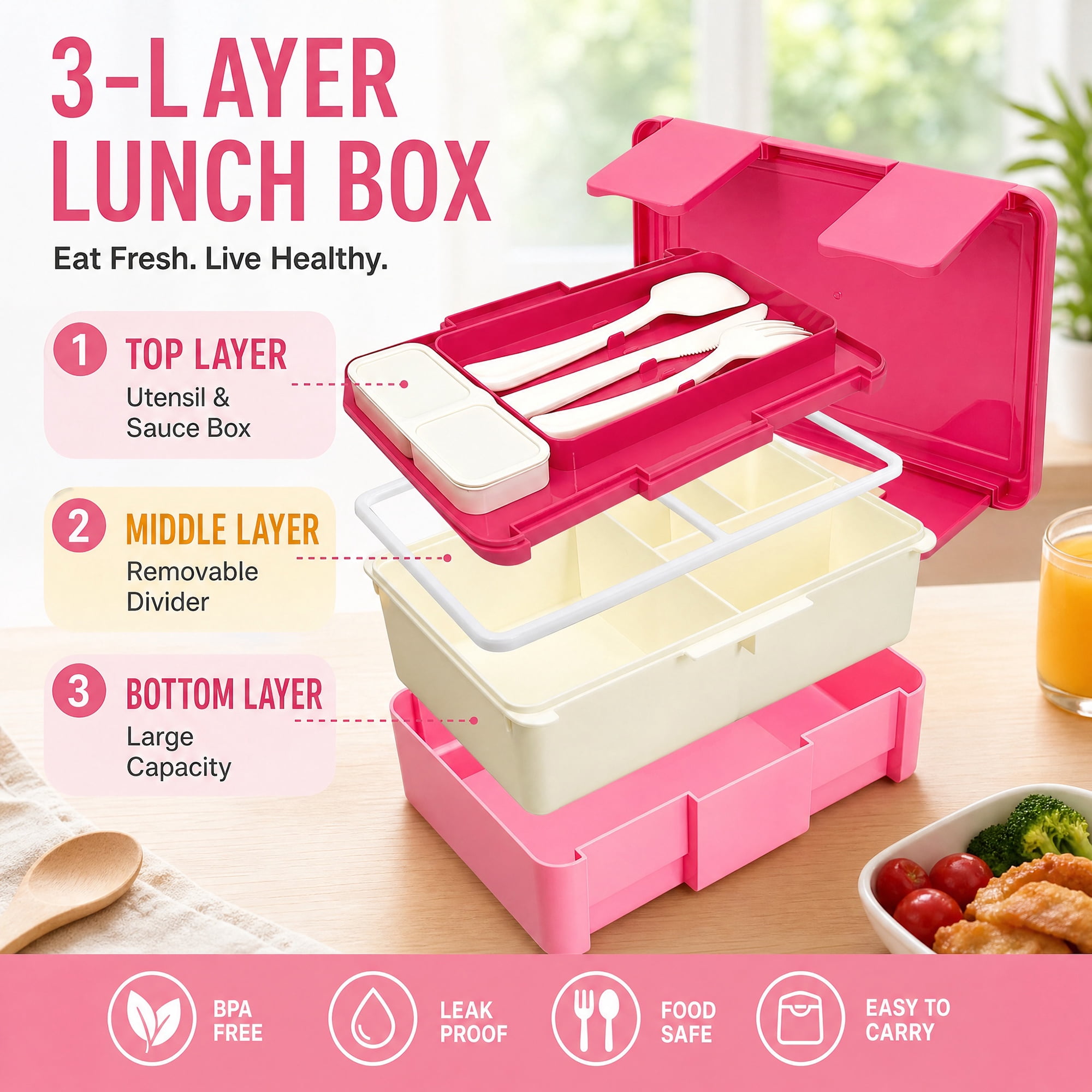 Unique Bargains 1450ml Leak-Proof Meal Prep Container Lunch Bento Box Rose Pink