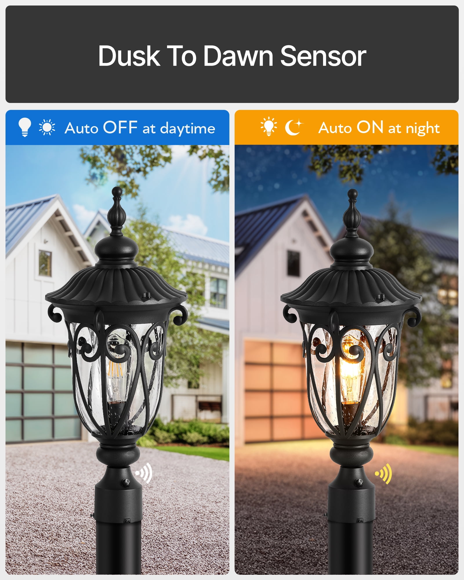 VIANIS 23.8" Large Outdoor Post Lights, Black Dusk to Dawn Outdoor Post Light, Waterproof Aluminum Retro Style Post Lights Outdoor with Glazed Bubble Glass for Driveway, Yard, Garden, 120V AC