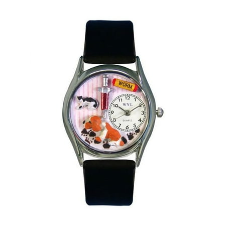 Veterinarian Black Leather And Silvertone Watch