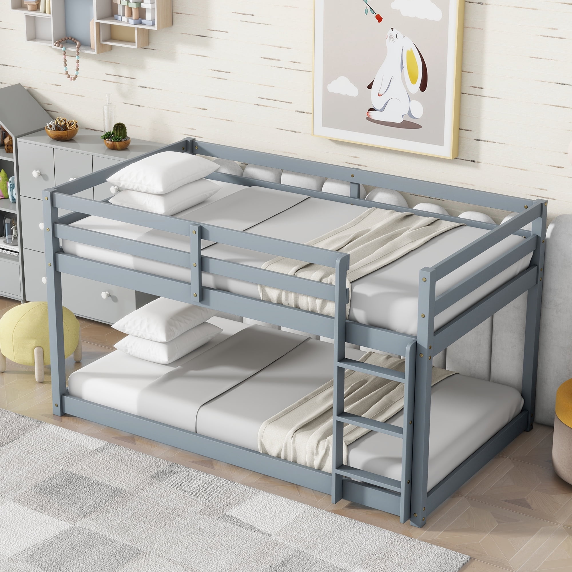 Alvantor Wooden Bunk Bed Twin over Twin Floor Bunk Bed with Safety Rail, Ladder for Children Boys Girls Gray