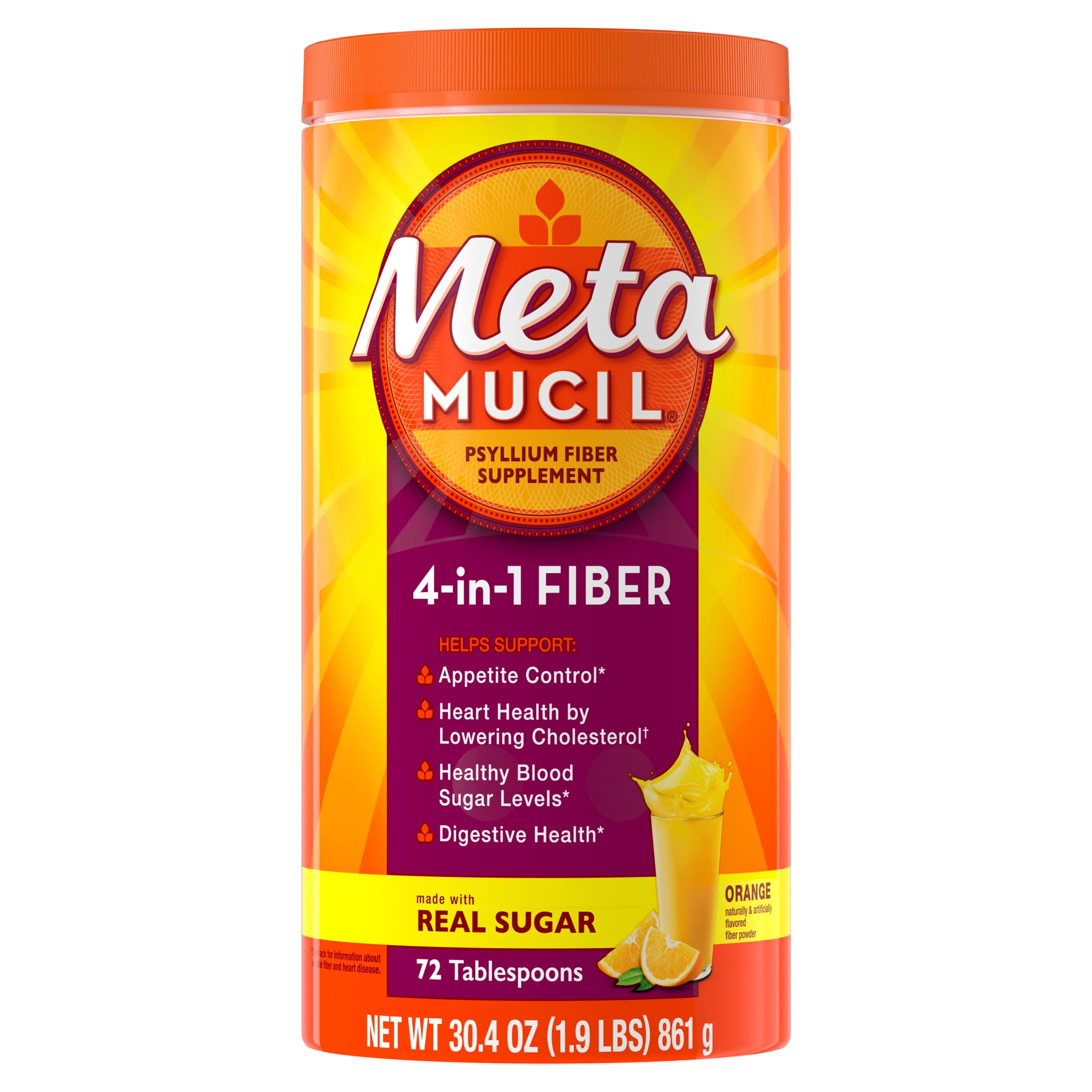 (4 pack) Metamucil Psyllium Fiber Powder, Real Sugar Orange, GLP-1 Friendly Fiber>, 72 Tbsp