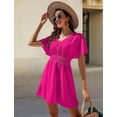 thumbnail image 5 of Womens Summer Solid Casual V-Neck Beach Dress Ruffle Short Sleeve Loose Dress Rose red M, 5 of 8