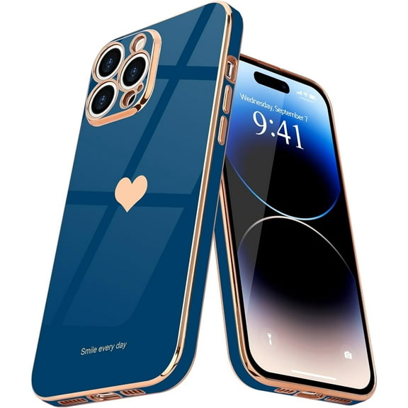 Compatible with iPhone 14 Pro Case for Girl Women Cute Love-Heart Luxury Bling Soft Back Cover Raised Camera Protection Bumper Silicone Shockproof Phone Case for iPhone 14 Pro, Royal Blue