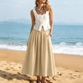 thumbnail image 3 of Lnmiateer Elastic High Waist A Line Midi Skirt for Women Flowy Pleated Swing Design with Side Pockets Boho Casual Summer Beach Vacation Daily Outfit, 3 of 5