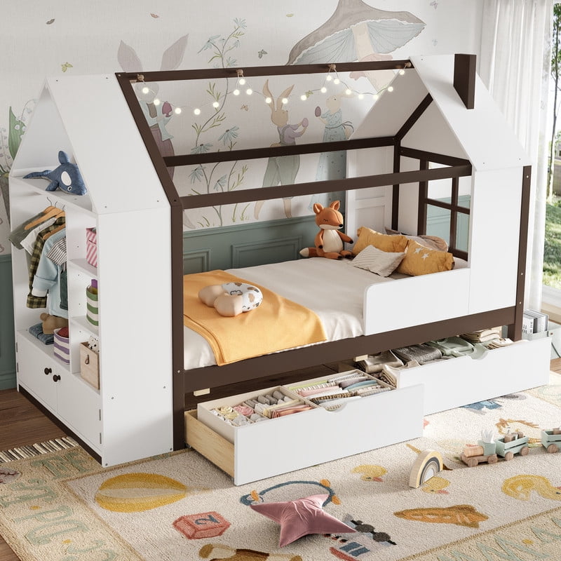 Twin Size House Platform Bed with Storage, Solid Wood House Bed with Drawers & Shelves, Solid Wood Platform Bed with Cabinet & Wardrobe, White & Espresso