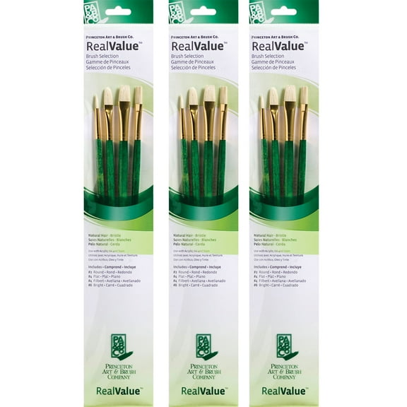Princeton RealValue Brush Set, Natural Bristles, Long Handle Mixed Media Paintbrush, Green, 4 Per Set, 3 Sets