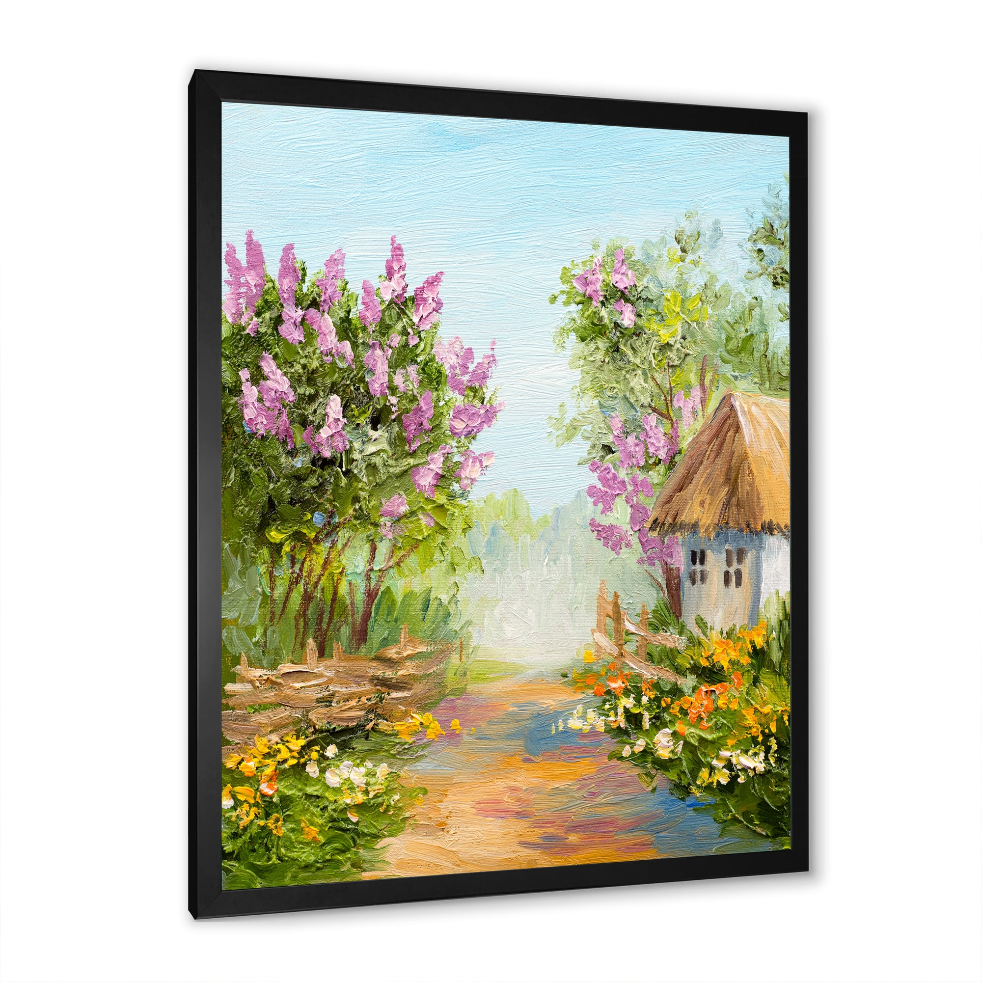 Designart 'Little House In The Blossoming Flowers Forest' Lake House Framed Art Print