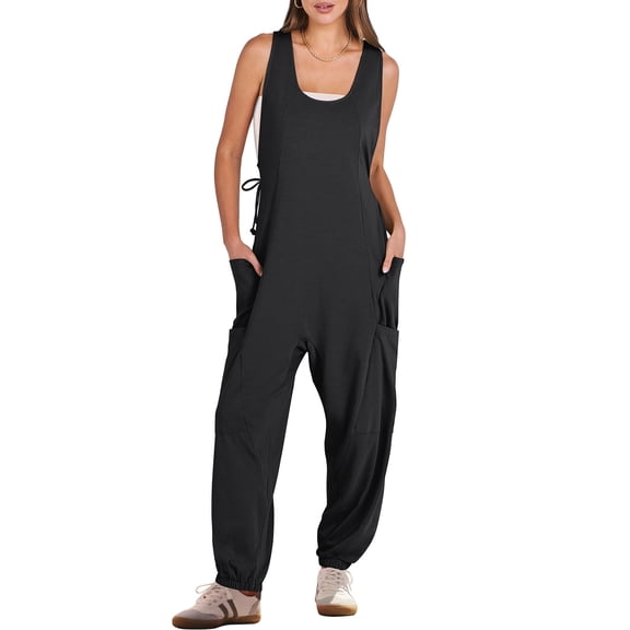 ANRABESS Harem Jumpsuit for Women Sleeveless Baggy Overalls Romper with Pockets, Drawstring Loose Summer One Piece Outfit Size M