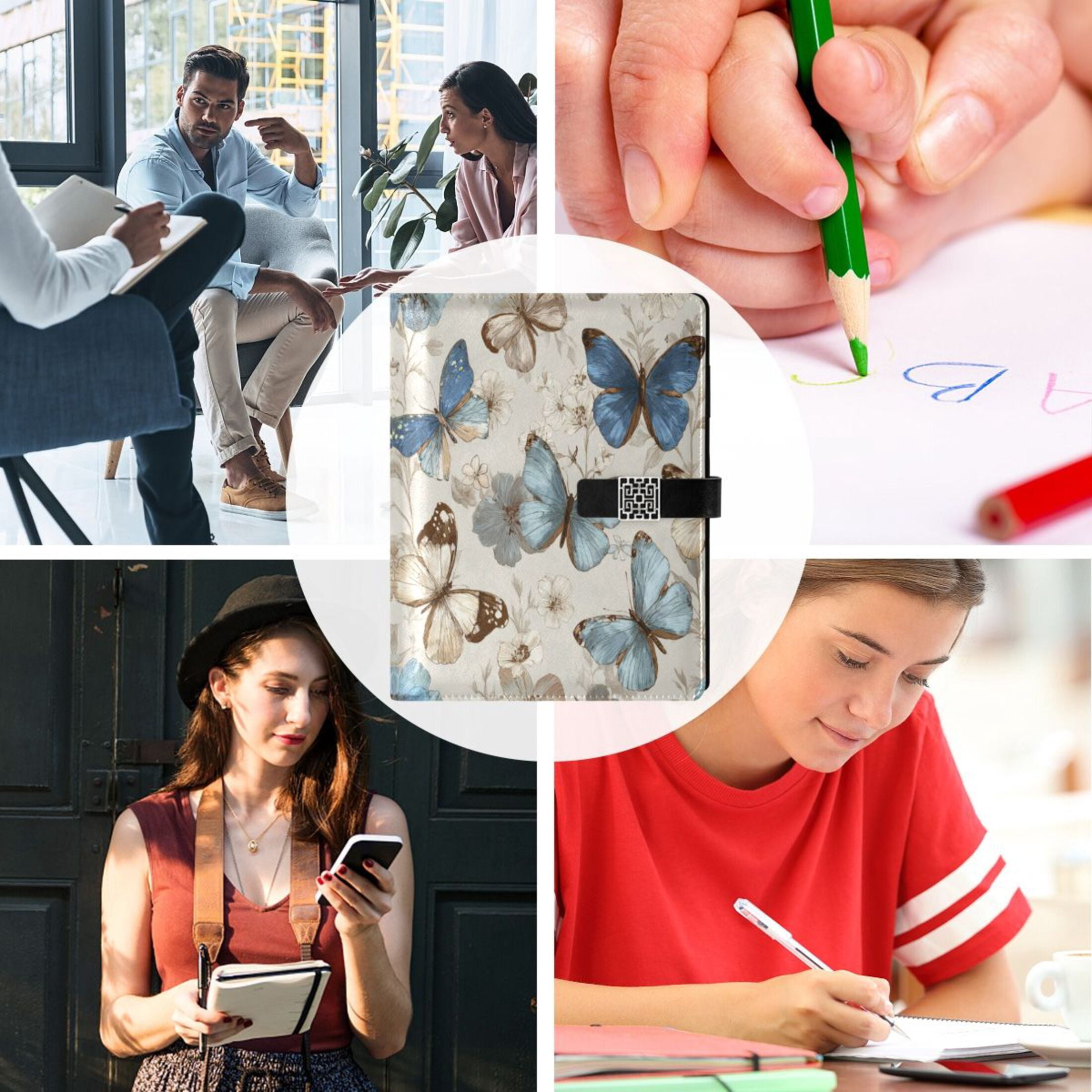 Leather Planner Leather Notebook Notebook Journal Binder Design Pen Pocket Design Convenient for Storage Cream Brown Butterfly Art