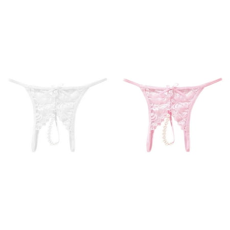 (2-Pack) Kcodviy Womens Pearl Massage Cotton Womens Underwear Bikini Female Open Crotch Lace High Women Underwear Transparent Thong Panties