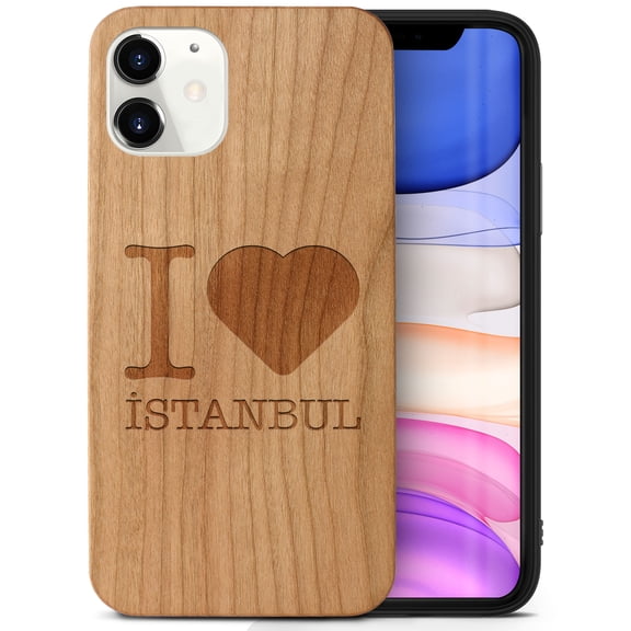 Case Yard Wooden Case Outside Soft TPU Silicone, Slim Fit Shockproof Wood Protective Phone Cover for Girls Boys Men and Women, Supports Wireless Charging I Love Istanbul Design case for iPhone-11