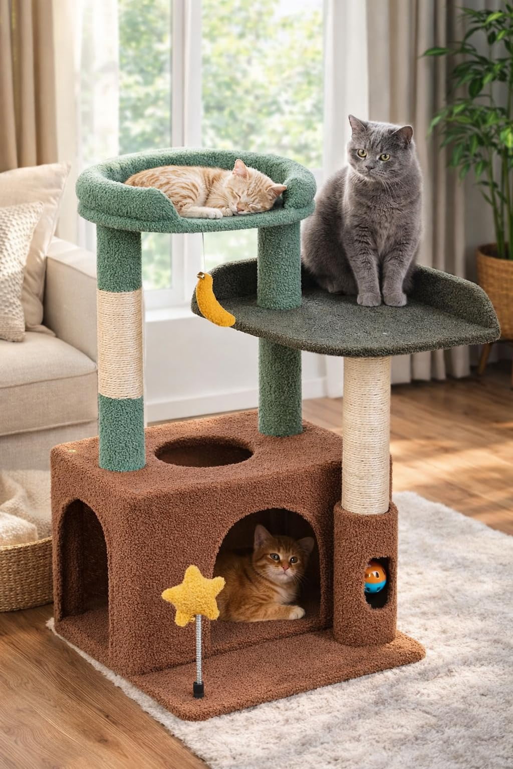 31" Cute Cat Tower For Indoor Kittens With Condo  Plush Platform Hammock Sisal Posts Dangling Ball Tall Tree Self-grooming Brush (olive Green)