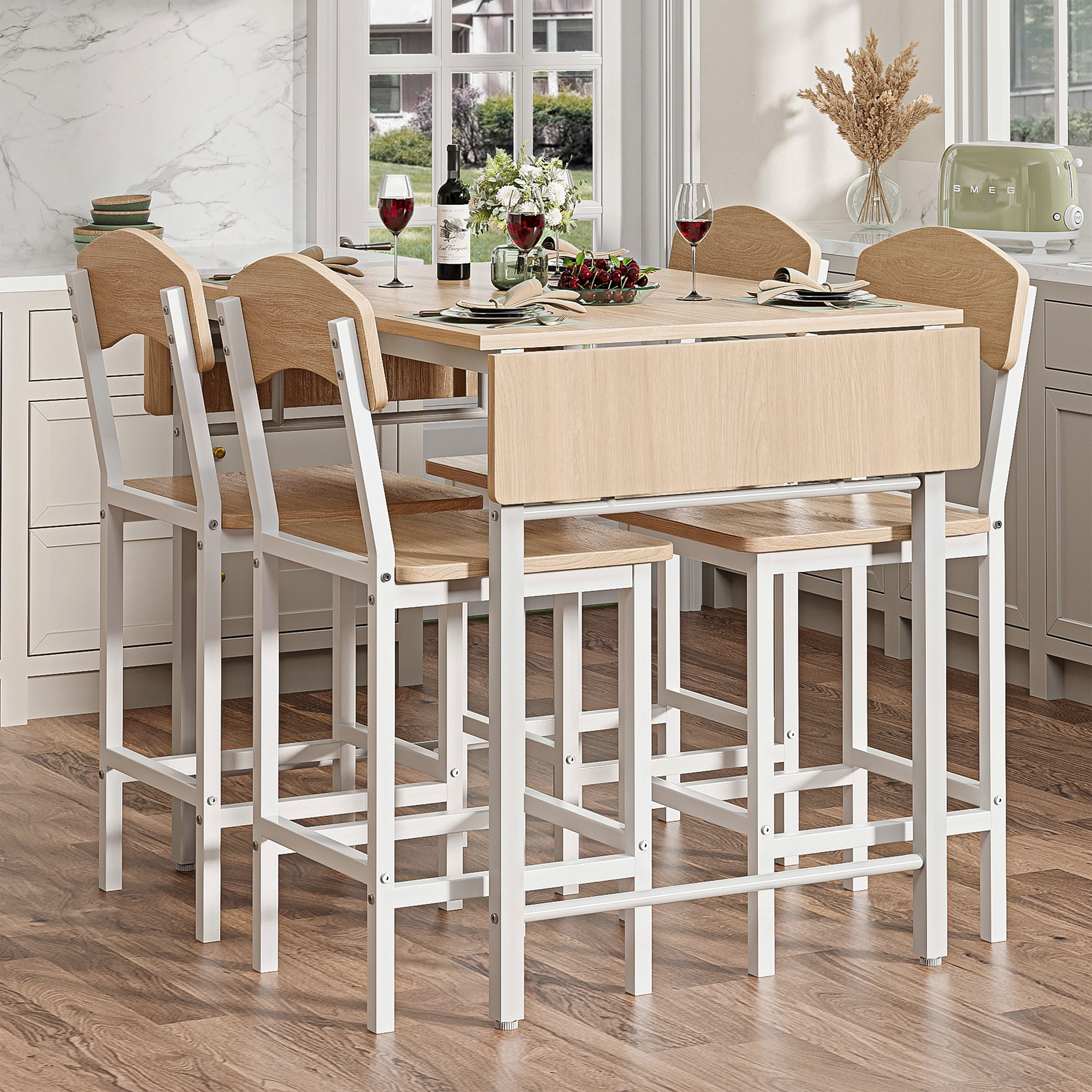 PORKISS 5-Piece Counter Height Dining Set with Drop Leaf Table, White and Natural