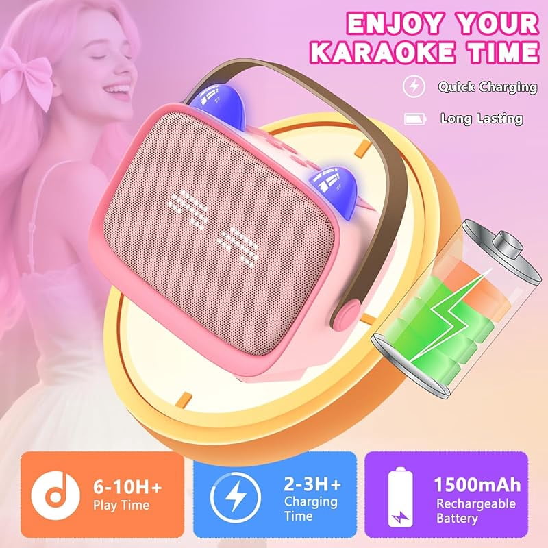 Zeokiar Upgraded Mini Karaoke Machine Toy for Kids, Portable Bluetooth Speaker with 2 Wireless Mics, Emoji & Colorful LED Lights, Home Travel & Party Play Gifts for Boys Girls (Pink)