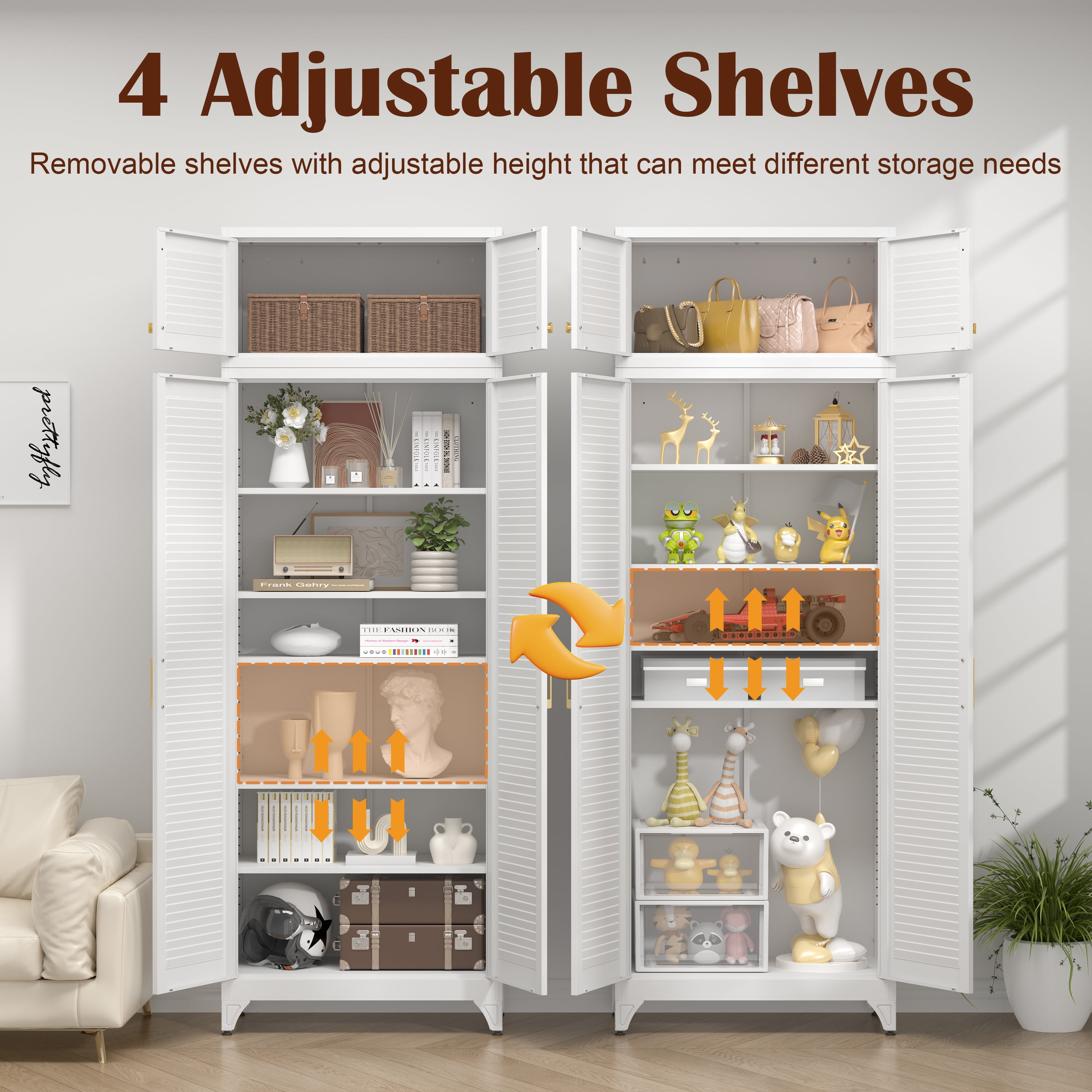 Polup 90" Height Modern Metal White Pantry Cabinet with 4 Doors and Adjustable Shelves, 1 Pack
