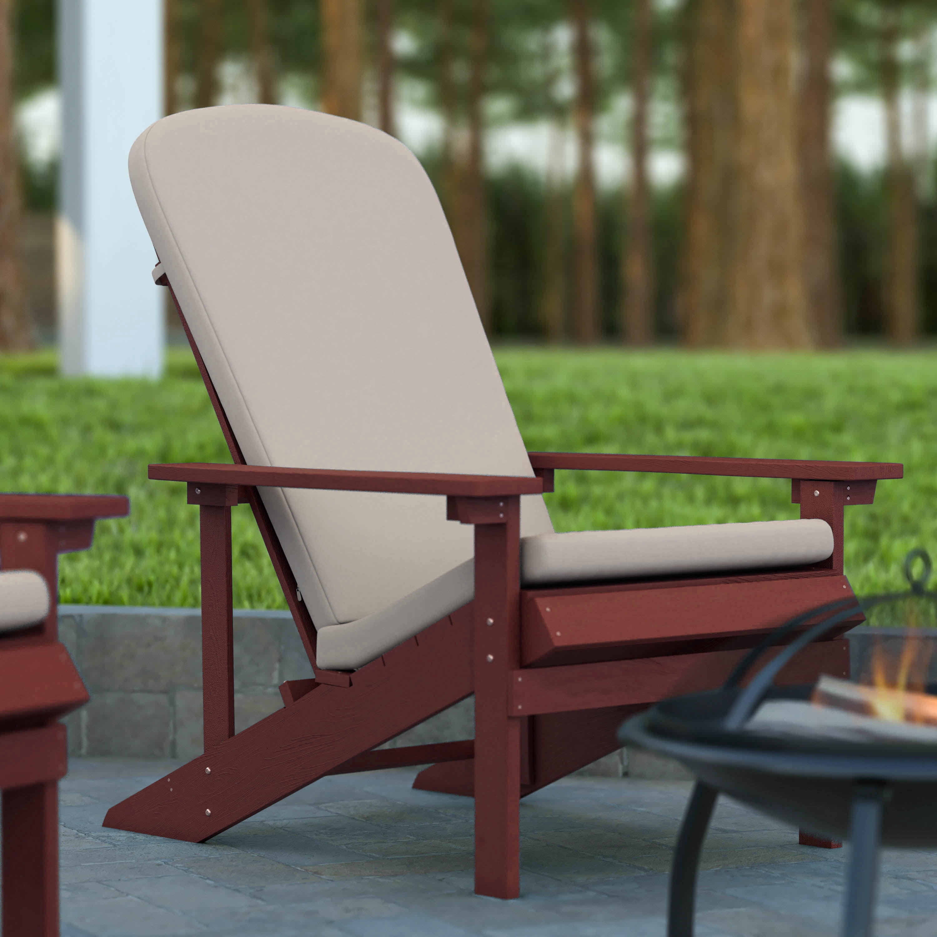 Emma + Oliver Set of Two Red All-Weather Polyresin Adirondack Chairs with Cream Cushions