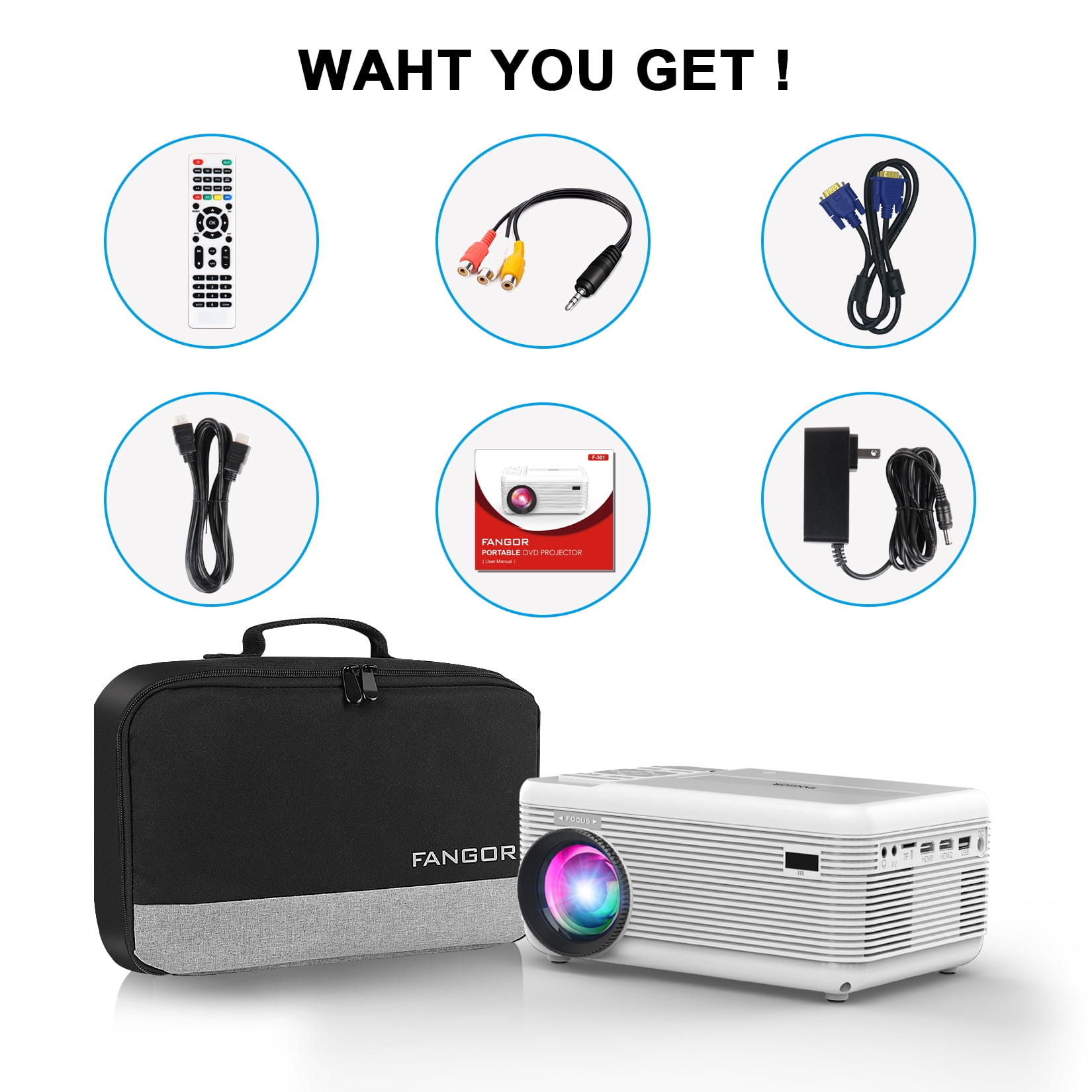 Fangor 1080P HD Projector with Bluetooth, DVD Player