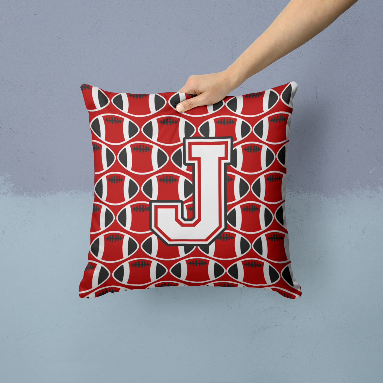 Letter J Football Cardinal and White Fabric Decorative Pillow