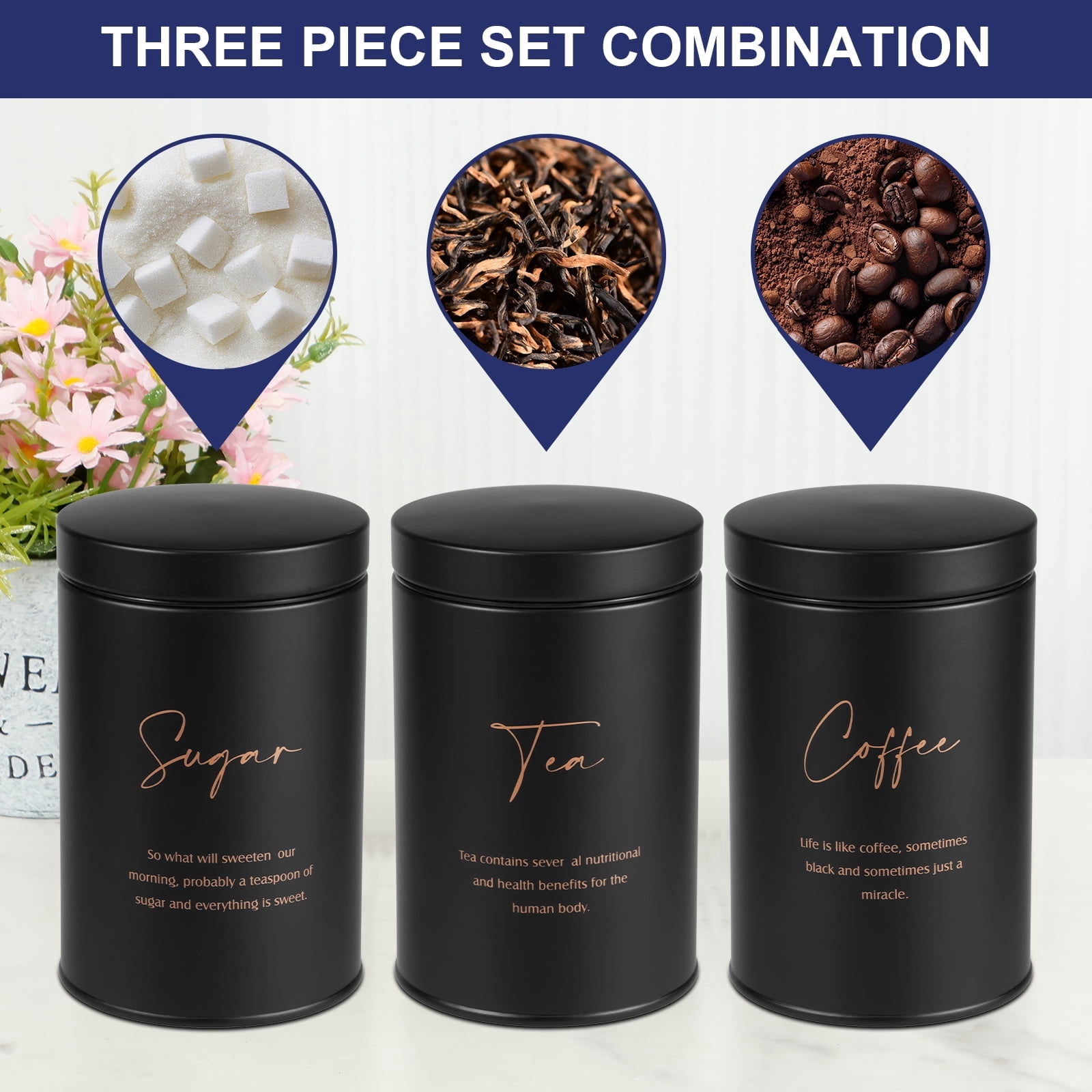 FUYGRCJ 3 Piece Black Canisters Sets for Kitchen, Airtight Sugar Tea Coffee Canister Set, Storage Jars for Coffee Container, Tea Organizer & Sugar Canister, Black Kitchen Canisters