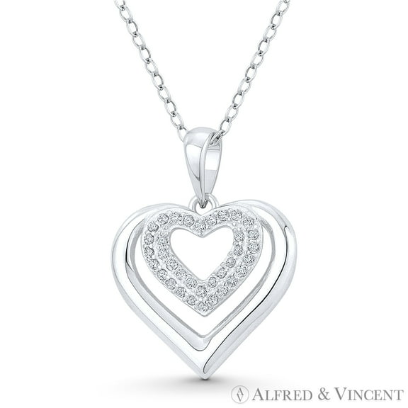 Double-Heart Cubic Zirconia CZ Crystal Accent Pendant & Chain Necklace in .925 Sterling Silver w/ Rhodium