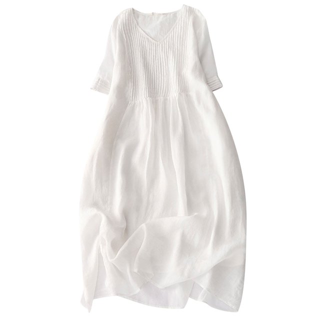 CHOK Robe Ample en Lin pour Femmes Plissée devant Col en V Manches Courtes Robe Midi Ample Couleur Unie Plage Été Robe d'Été (TG Violet)