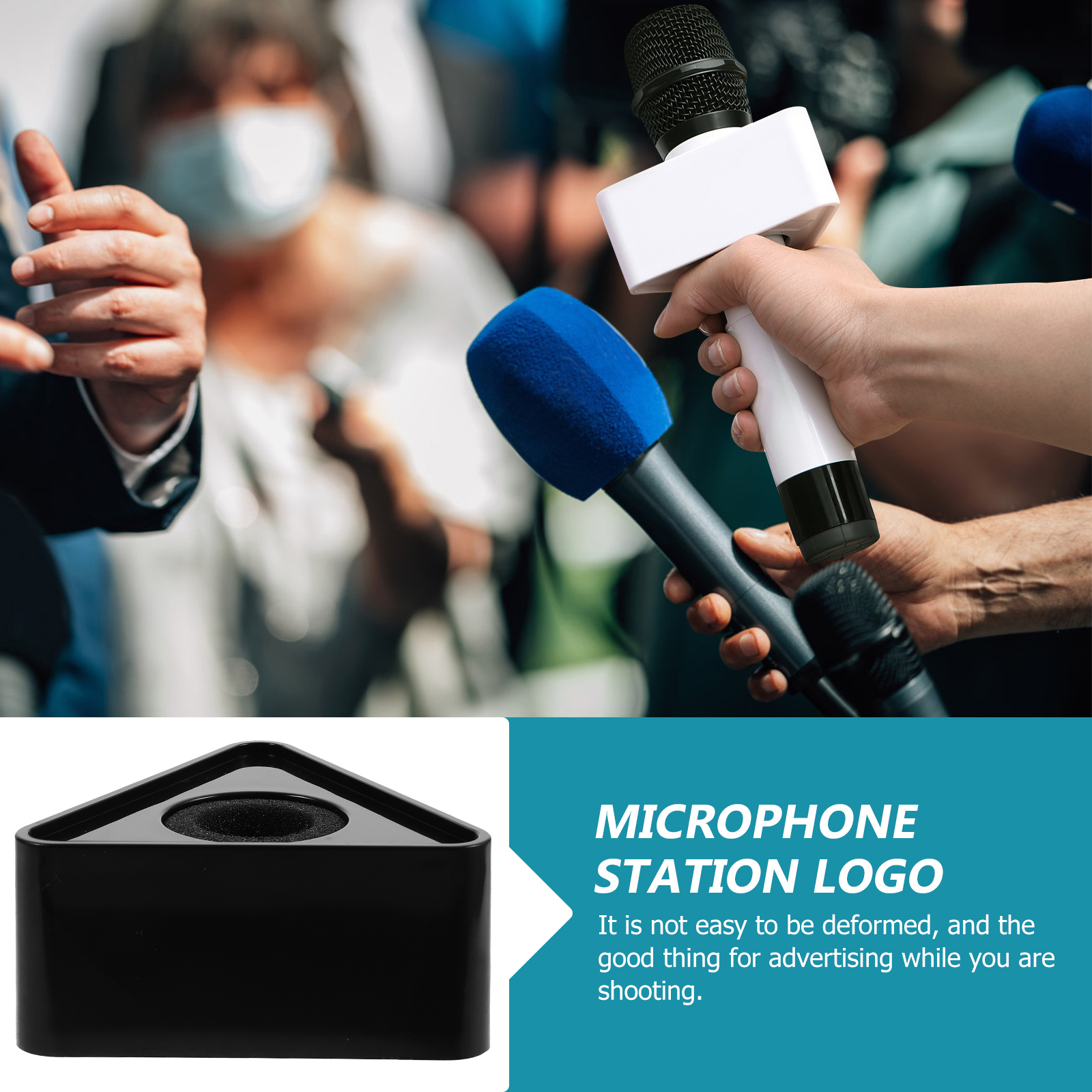 Shuliwen Microphone Flag Station ABS Mic Triangle Square Shaped Interview Logo 2Pcs