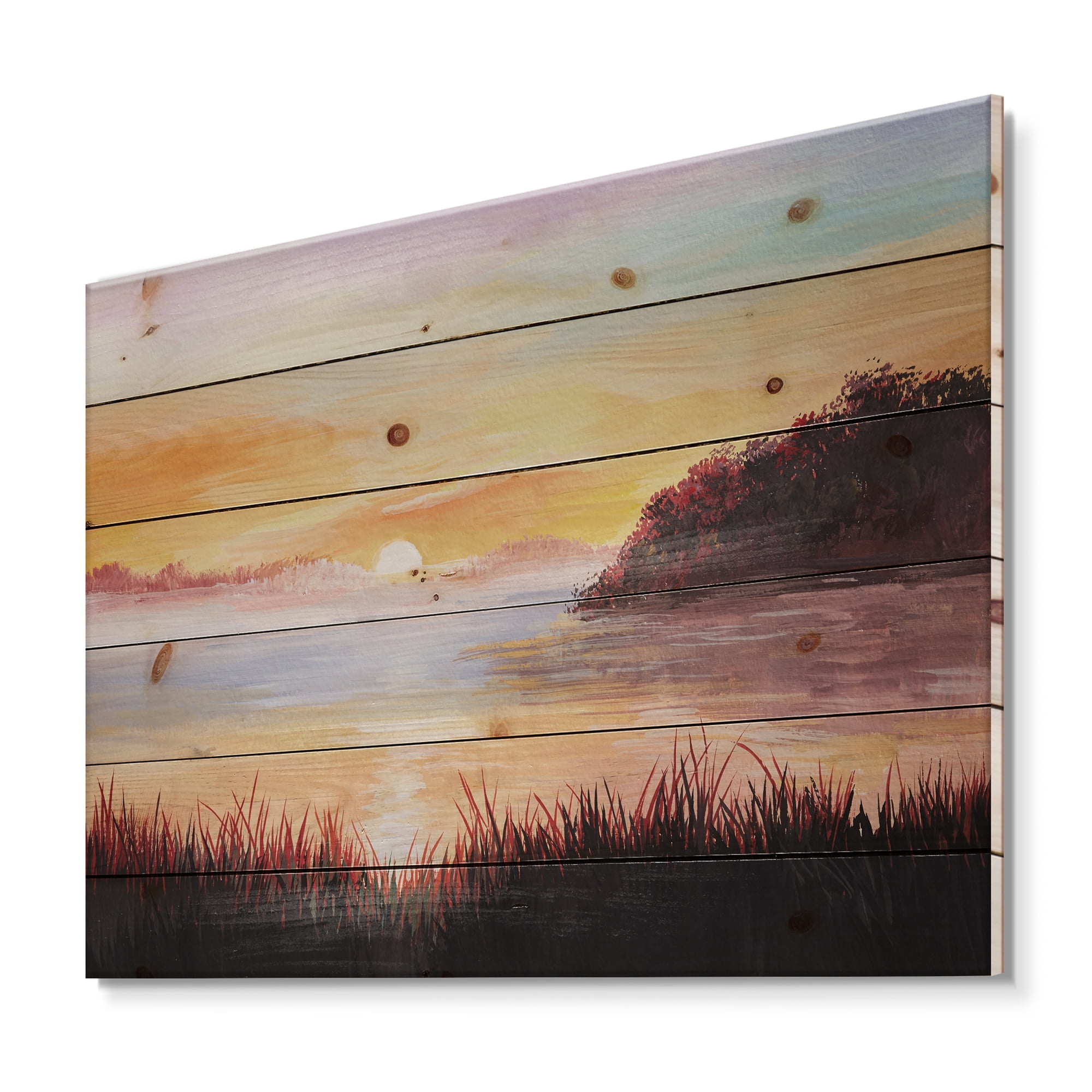 Designart 'The Reeds On The Lake In Evening Glow' Nautical & Coastal Print on Natural Pine Wood