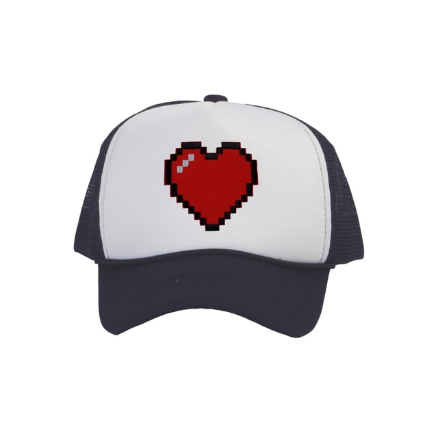Men's 80's Retro Large 8 Bit Pixelated Heart Gamer Trucker Hat, White/Navy