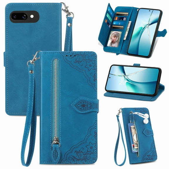 For Google Pixel 9A 6.3 inch Case, Wallet for Women Men, Durable PU Leather Magnetic Flip Lanyard Strap Wristlet Zipper Card Holder Wallet Phone Case for Google Pixel 9A