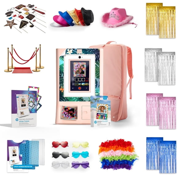 HP Sprocket Photo Booth Printer Bundle with 100 Paper Case Props Hats Backdrop (Pink)