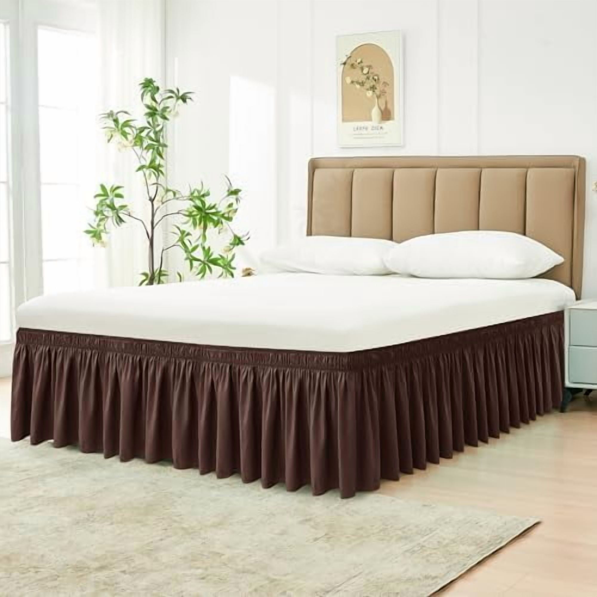 Wrap Around Bed Skirts for Queen Beds 15" Drop, Brown Adjustable Elastic Dust Ruffles Easy Fit Wrinkle & Fade Resistant Silky Luxurious Fabric Machine Washable